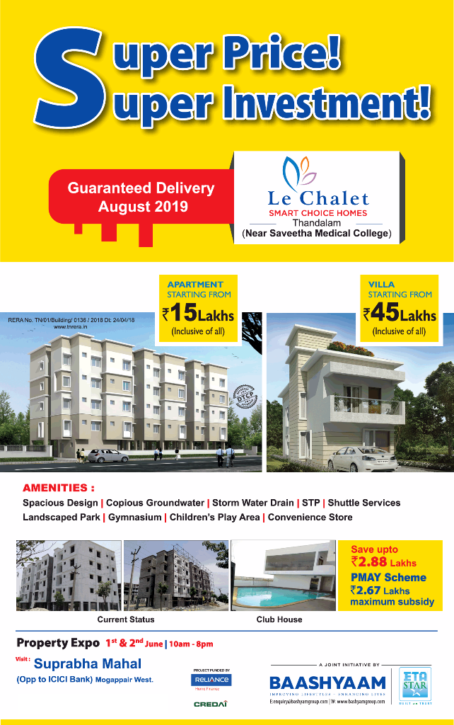 Presenting Super price and super investment at Baashyaam Le Chalet, Chennai